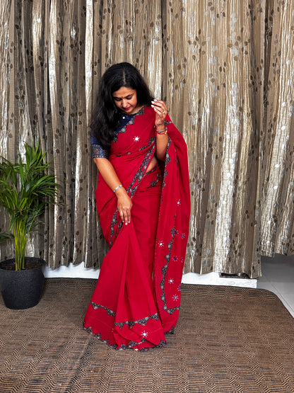 Red Applique Patchwork Mul Cotton Tagai Ajrakh Saree