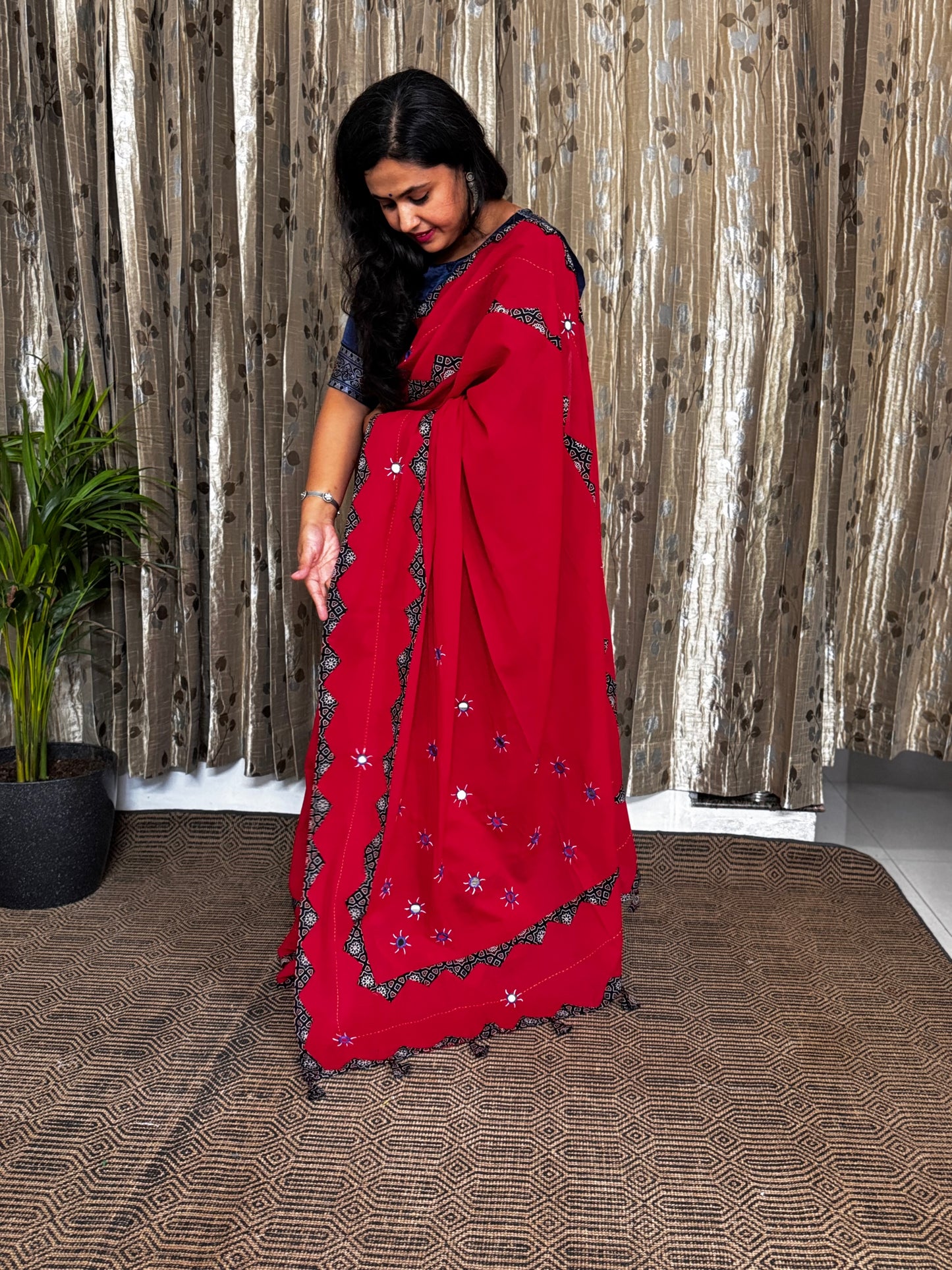 Red Applique Patchwork Mul Cotton Tagai Ajrakh Saree