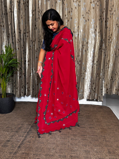 Red Applique Patchwork Mul Cotton Tagai Ajrakh Saree