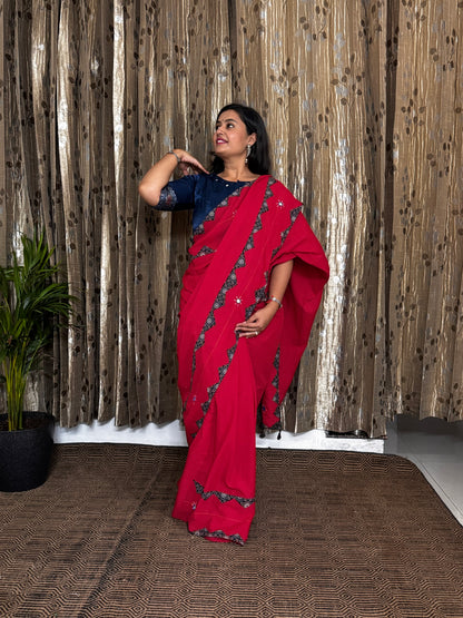 Red Applique Patchwork Mul Cotton Tagai Ajrakh Saree