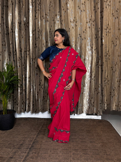 Red Applique Patchwork Mul Cotton Tagai Ajrakh Saree