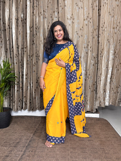 Yellow Applique Patchwork Mul Cotton Tagai Ajrakh Saree