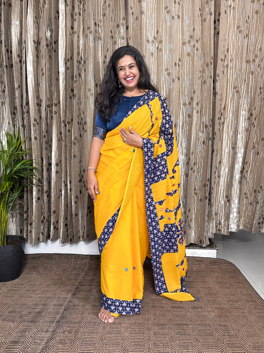 Yellow Applique Patchwork Mul Cotton Tagai Ajrakh Saree