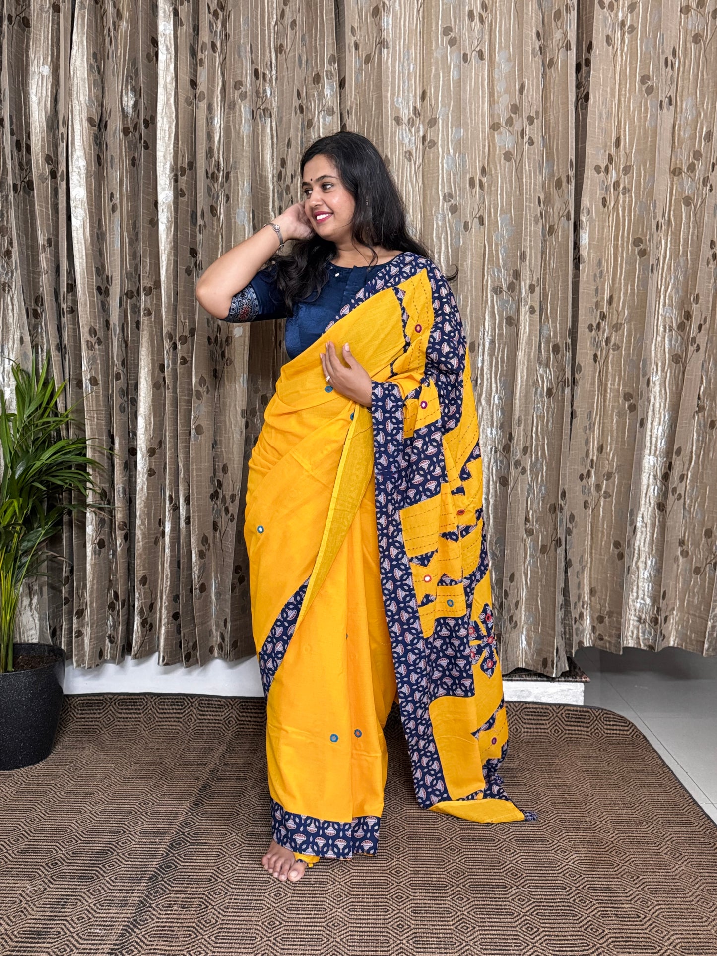 Yellow Applique Patchwork Mul Cotton Tagai Ajrakh Saree