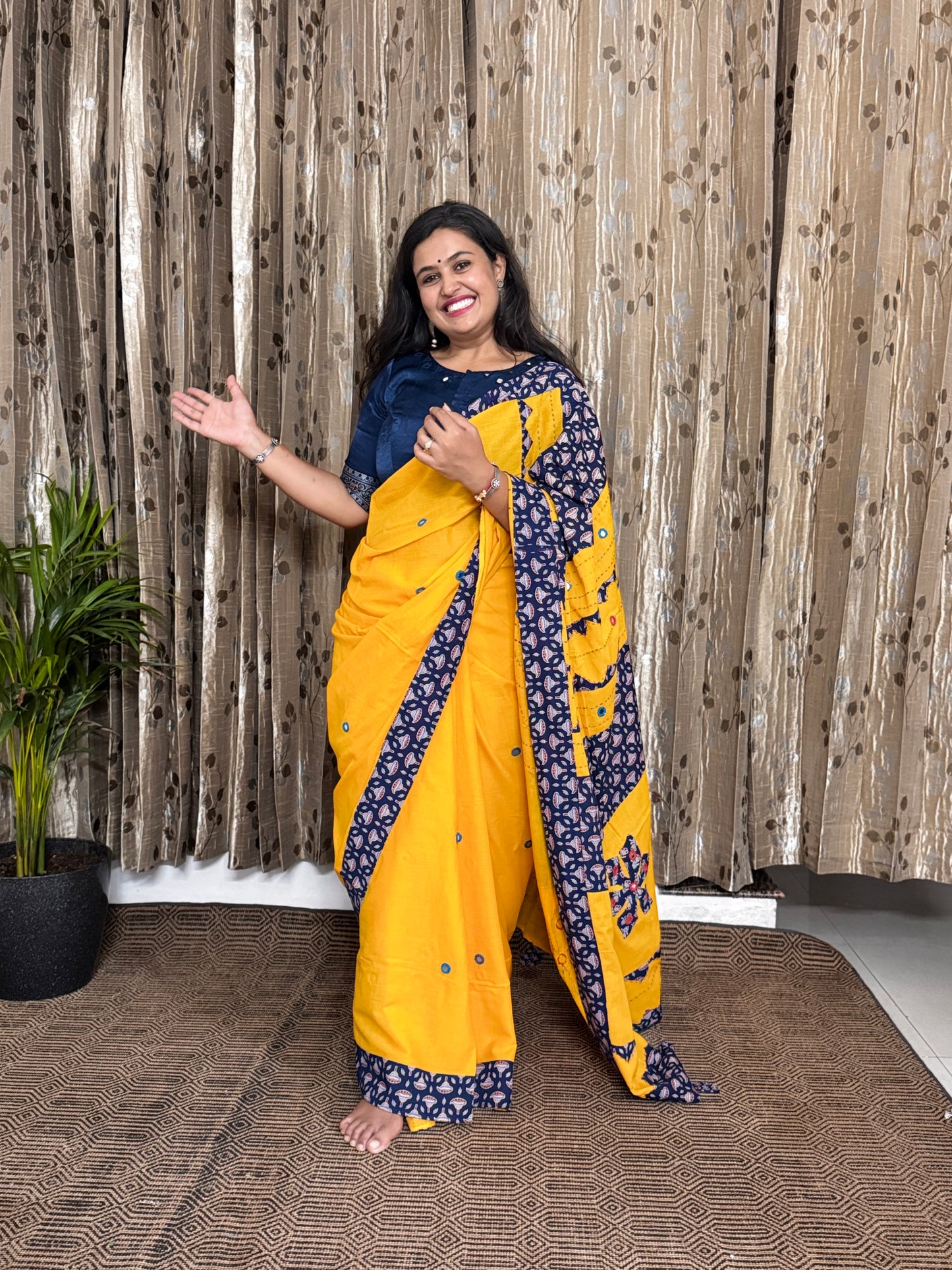 Yellow Applique Patchwork Mul Cotton Tagai Ajrakh Saree