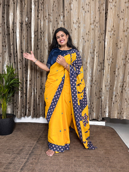 Yellow Applique Patchwork Mul Cotton Tagai Ajrakh Saree
