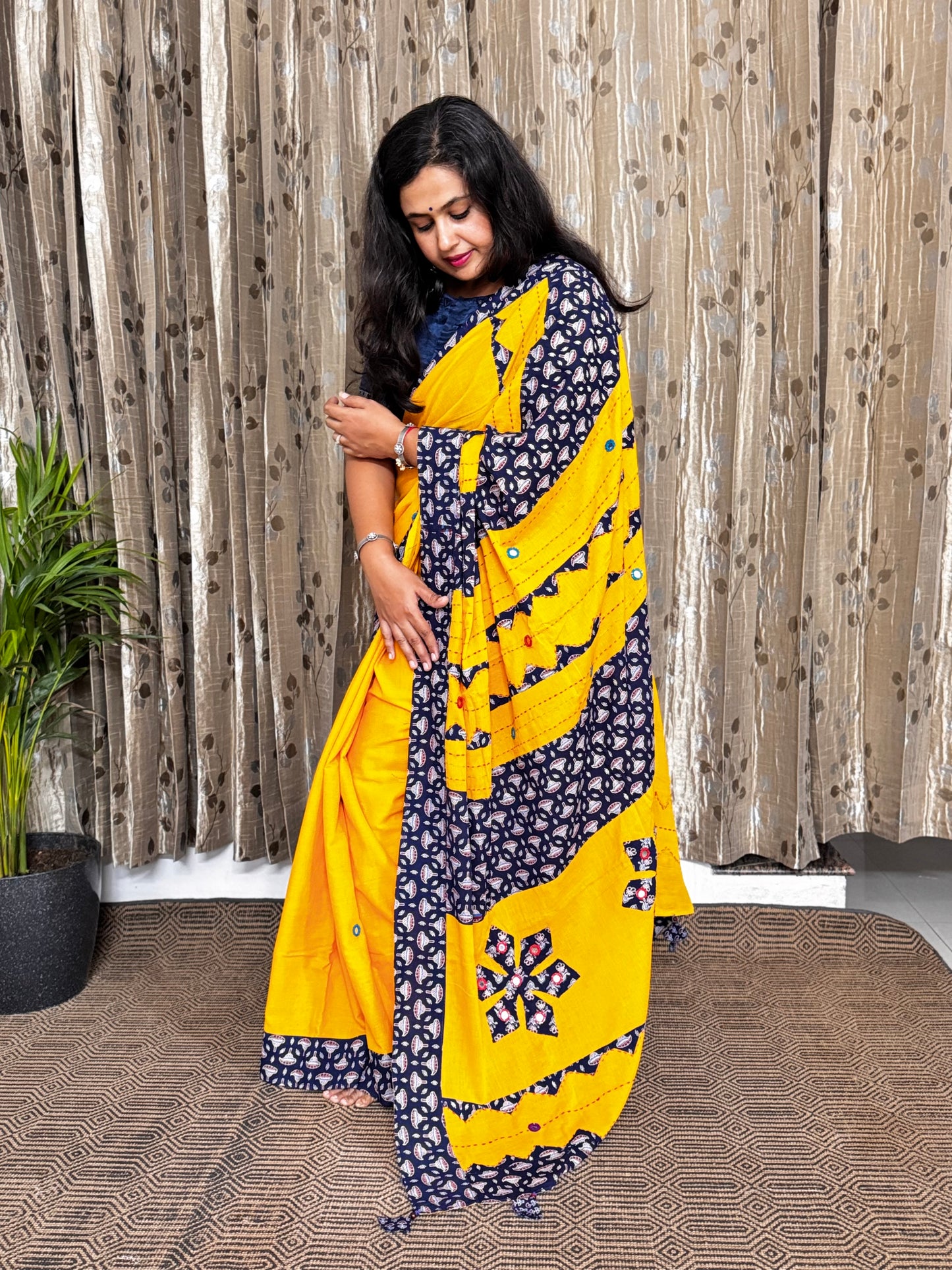 Yellow Applique Patchwork Mul Cotton Tagai Ajrakh Saree