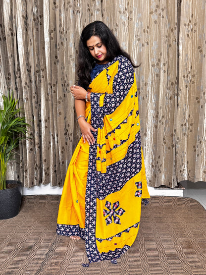 Yellow Applique Patchwork Mul Cotton Tagai Ajrakh Saree