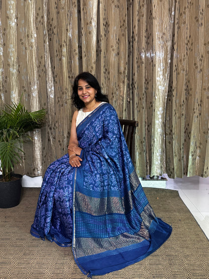 Blue Maheshwari Silk Zari Saree