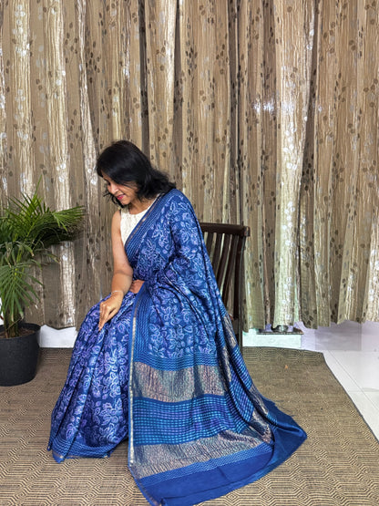Blue Maheshwari Silk Zari Saree