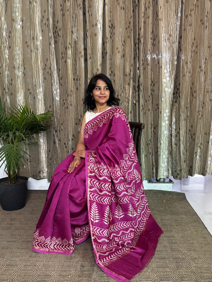 Rani Pink Maheshwari Silk Cotton Zari Saree