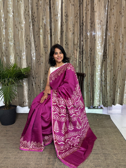 Rani Pink Maheshwari Silk Cotton Zari Saree