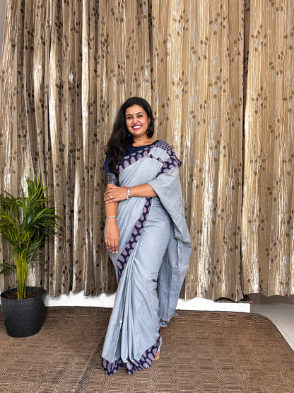 Grey Applique Patchwork Mul Cotton Tagai Ajrakh Saree