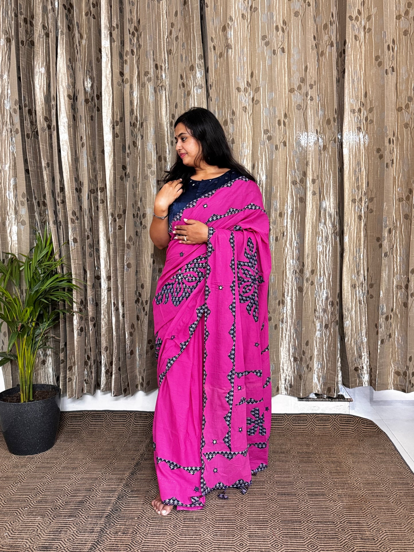 Pink Applique Patchwork Mul Cotton Tagai Ajrakh Saree