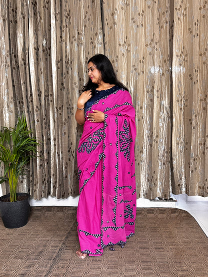 Pink Applique Patchwork Mul Cotton Tagai Ajrakh Saree