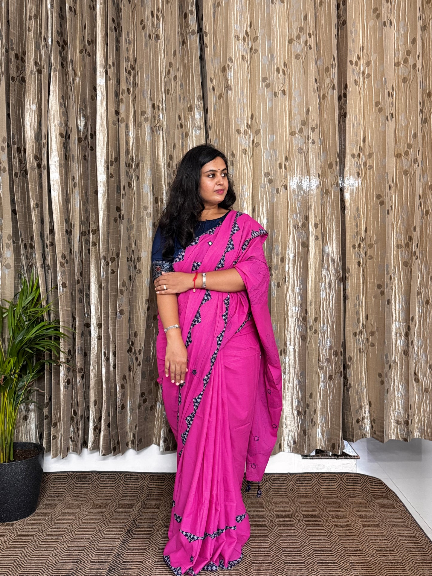 Pink Applique Patchwork Mul Cotton Tagai Ajrakh Saree
