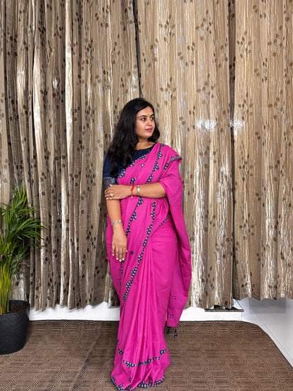 Pink Applique Patchwork Mul Cotton Tagai Ajrakh Saree