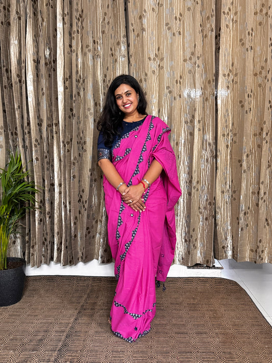 Pink Applique Patchwork Mul Cotton Tagai Ajrakh Saree