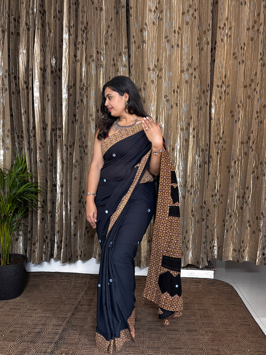 Black Applique Patchwork Mul Cotton Tagai Ajrakh Saree