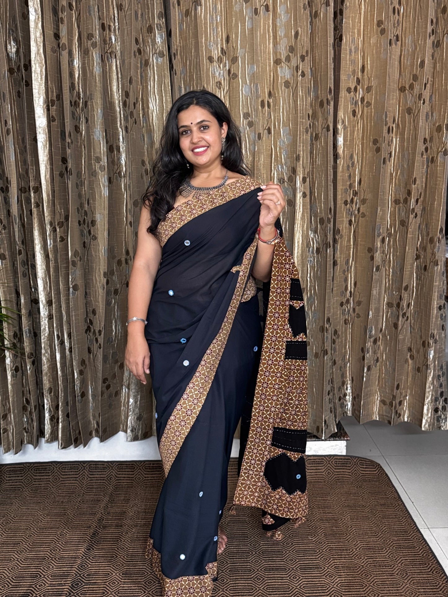 Black Applique Patchwork Mul Cotton Tagai Ajrakh Saree