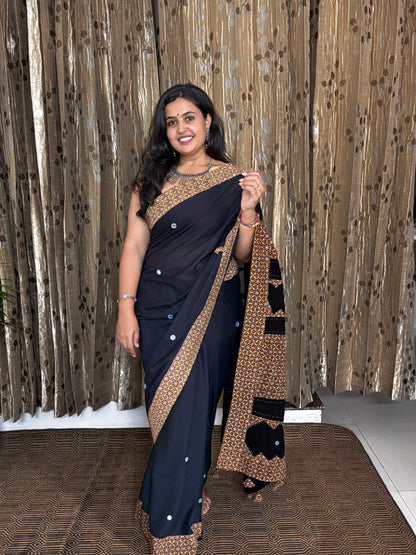Black Applique Patchwork Mul Cotton Tagai Ajrakh Saree