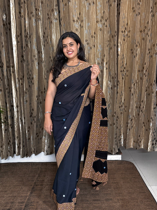 Black Applique Patchwork Mul Cotton Tagai Ajrakh Saree