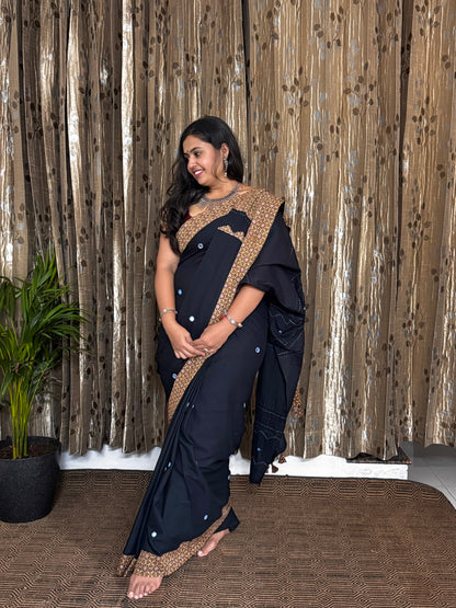 Black Applique Patchwork Mul Cotton Tagai Ajrakh Saree