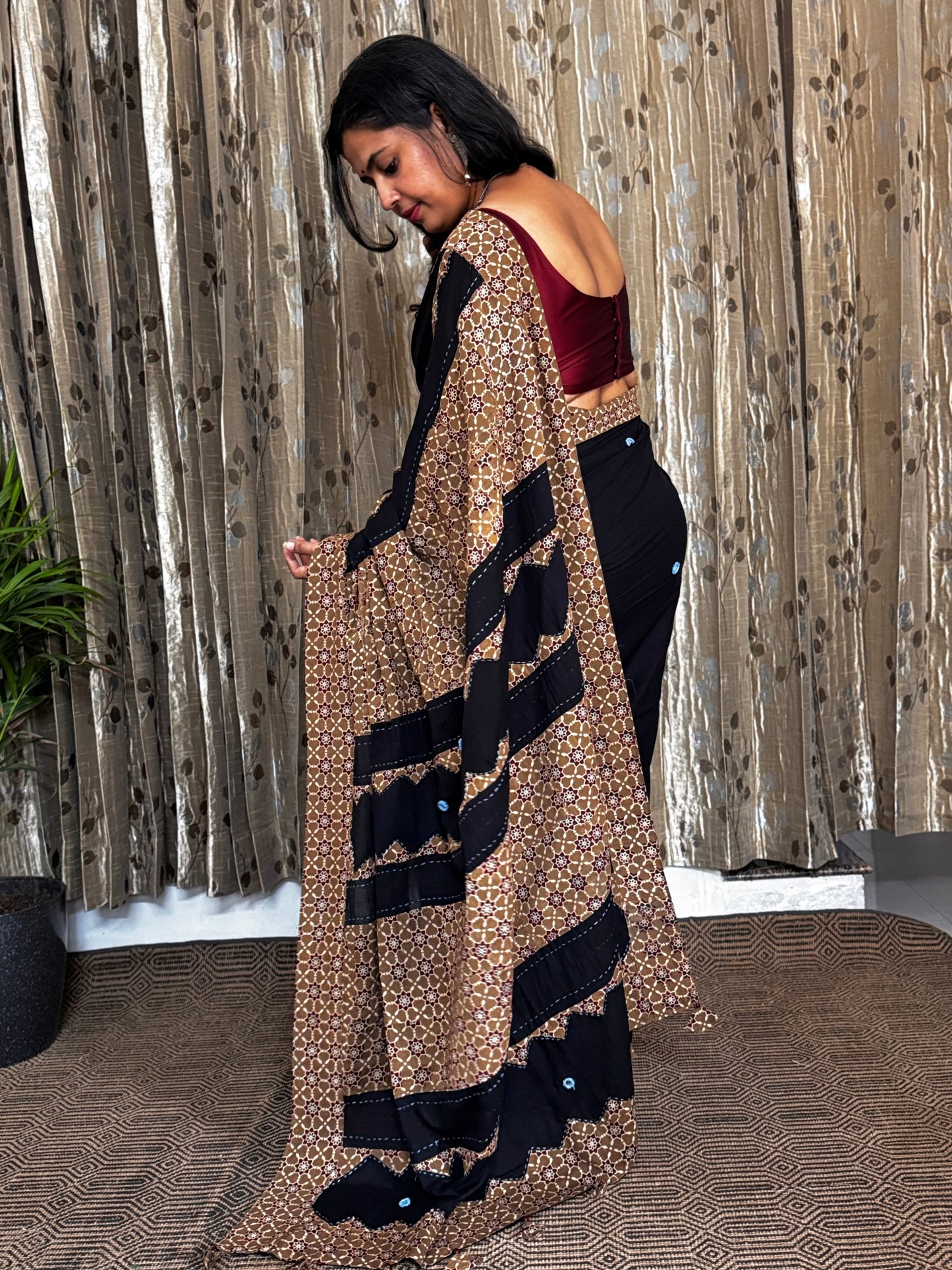 Black Applique Patchwork Mul Cotton Tagai Ajrakh Saree