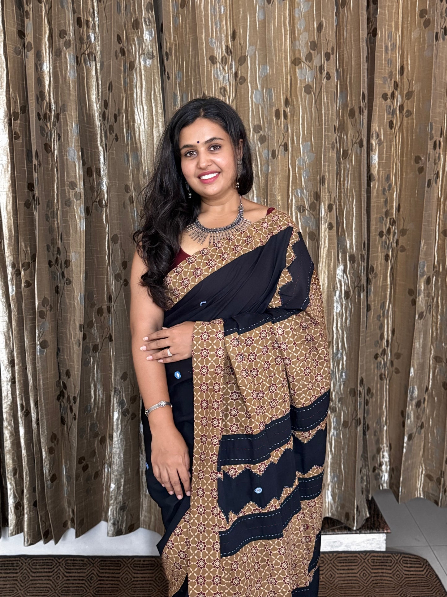 Black Applique Patchwork Mul Cotton Tagai Ajrakh Saree