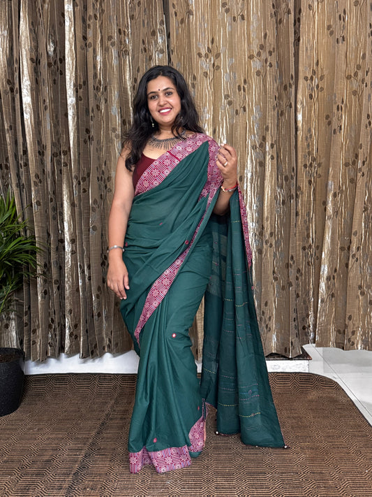 Bottel Green Applique Patchwork Mul Cotton Tagai Ajrakh Saree