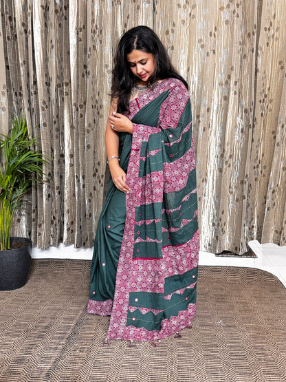 Bottel Green Applique Patchwork Mul Cotton Tagai Ajrakh Saree