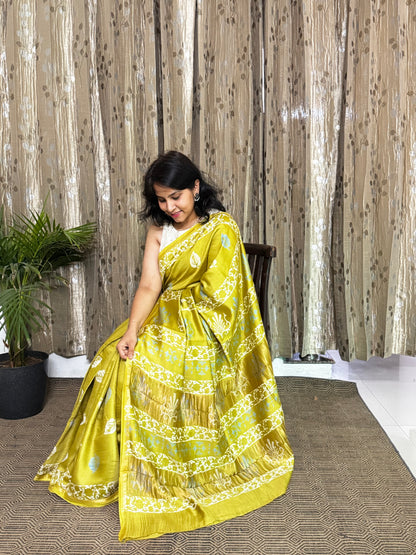 Lime Green Maheshwari Silk Cotton Zari Saree
