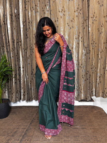 Bottel Green Applique Patchwork Mul Cotton Tagai Ajrakh Saree