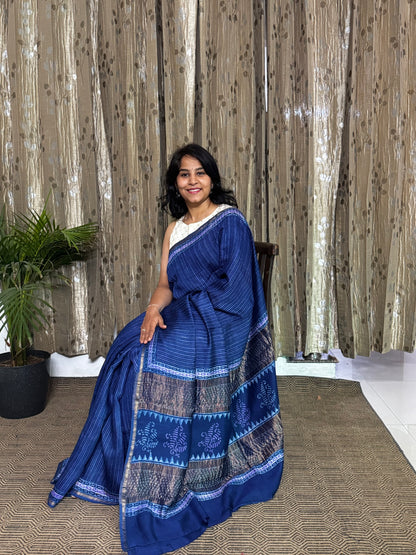 Blue Maheshwari Silk Cotton Zari Saree