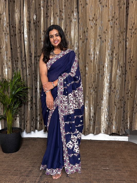 Blue Applique Patchwork Mul Cotton Tagai Ajrakh Saree