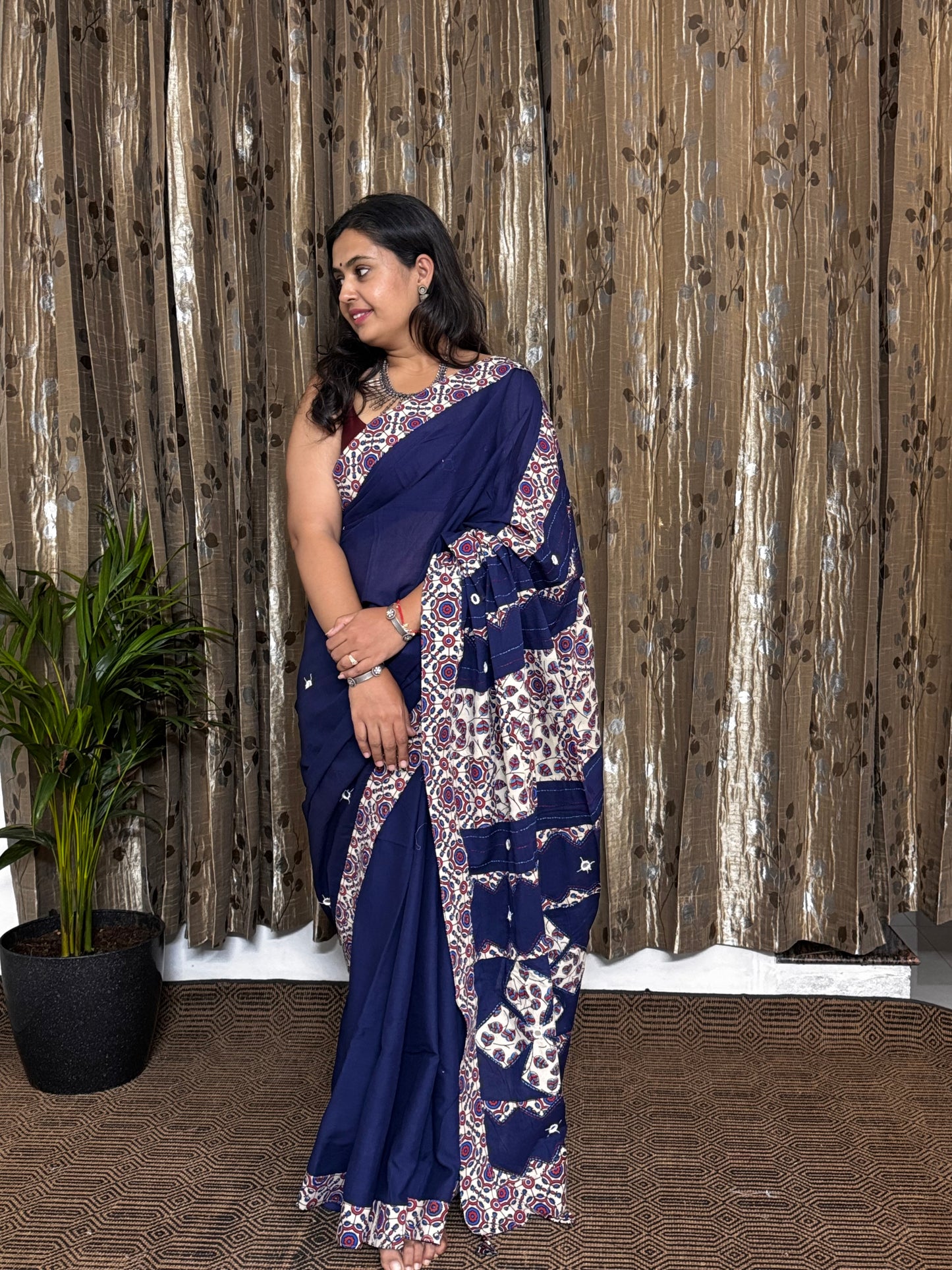Blue Applique Patchwork Mul Cotton Tagai Ajrakh Saree