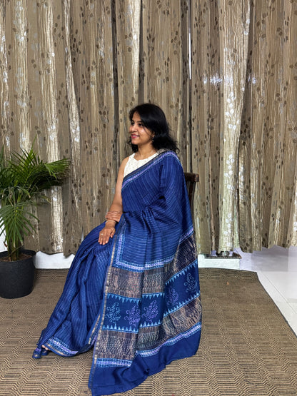 Blue Maheshwari Silk Cotton Zari Saree