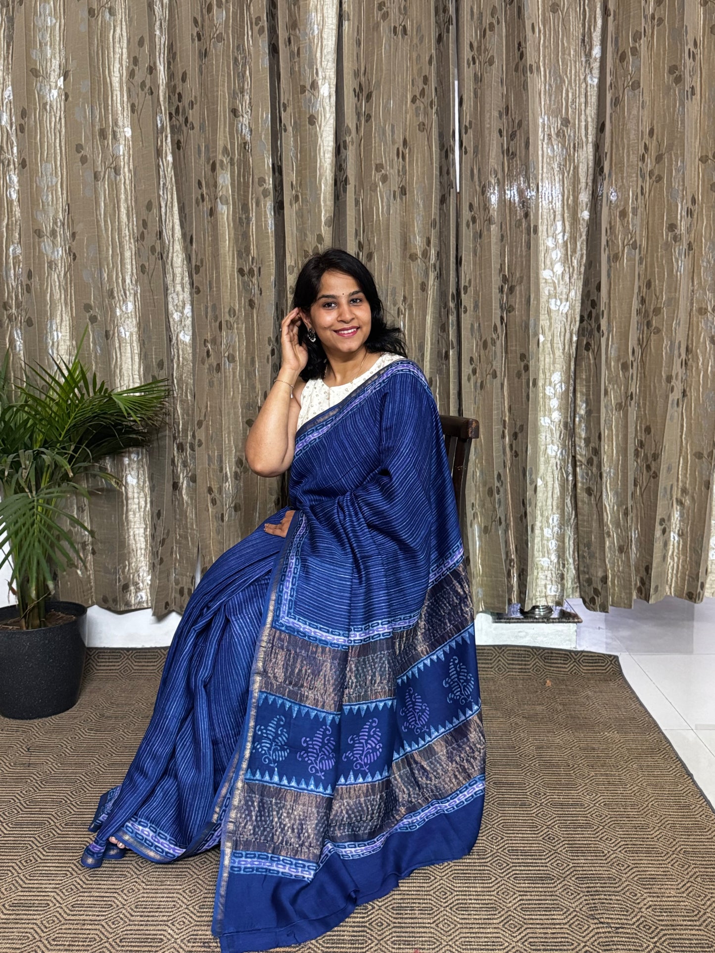 Blue Maheshwari Silk Cotton Zari Saree