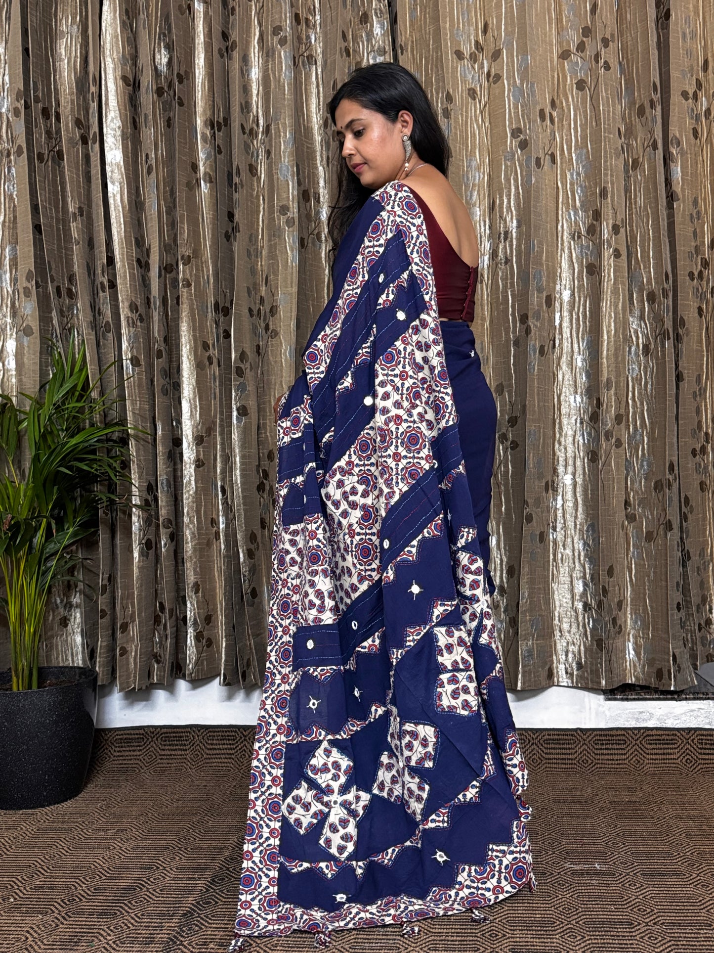 Blue Applique Patchwork Mul Cotton Tagai Ajrakh Saree