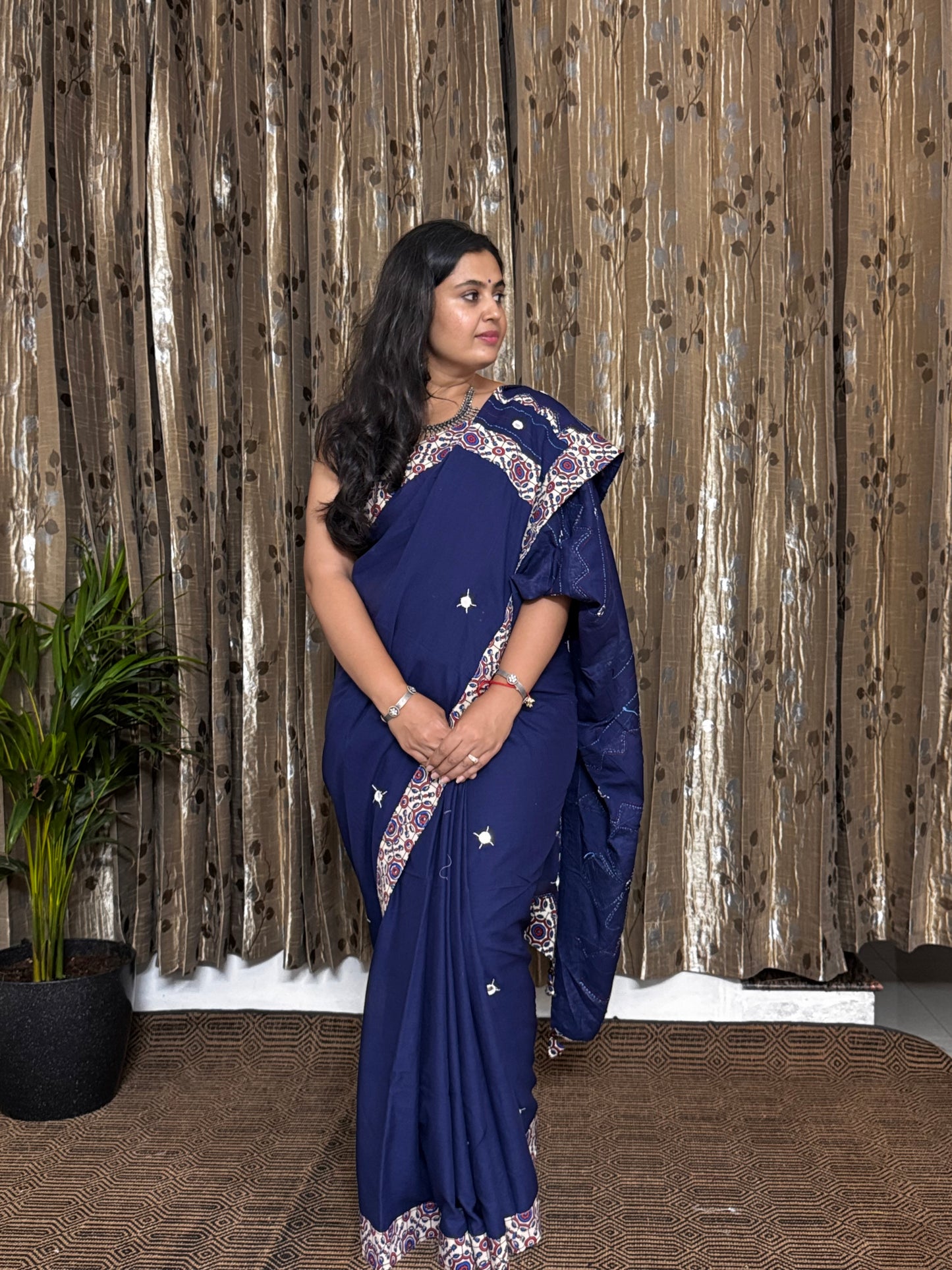 Blue Applique Patchwork Mul Cotton Tagai Ajrakh Saree