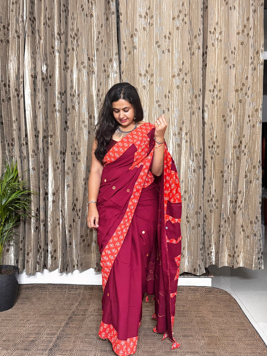 Red and Orange Applique Patchwork Mul Cotton Tagai Ajrakh Saree