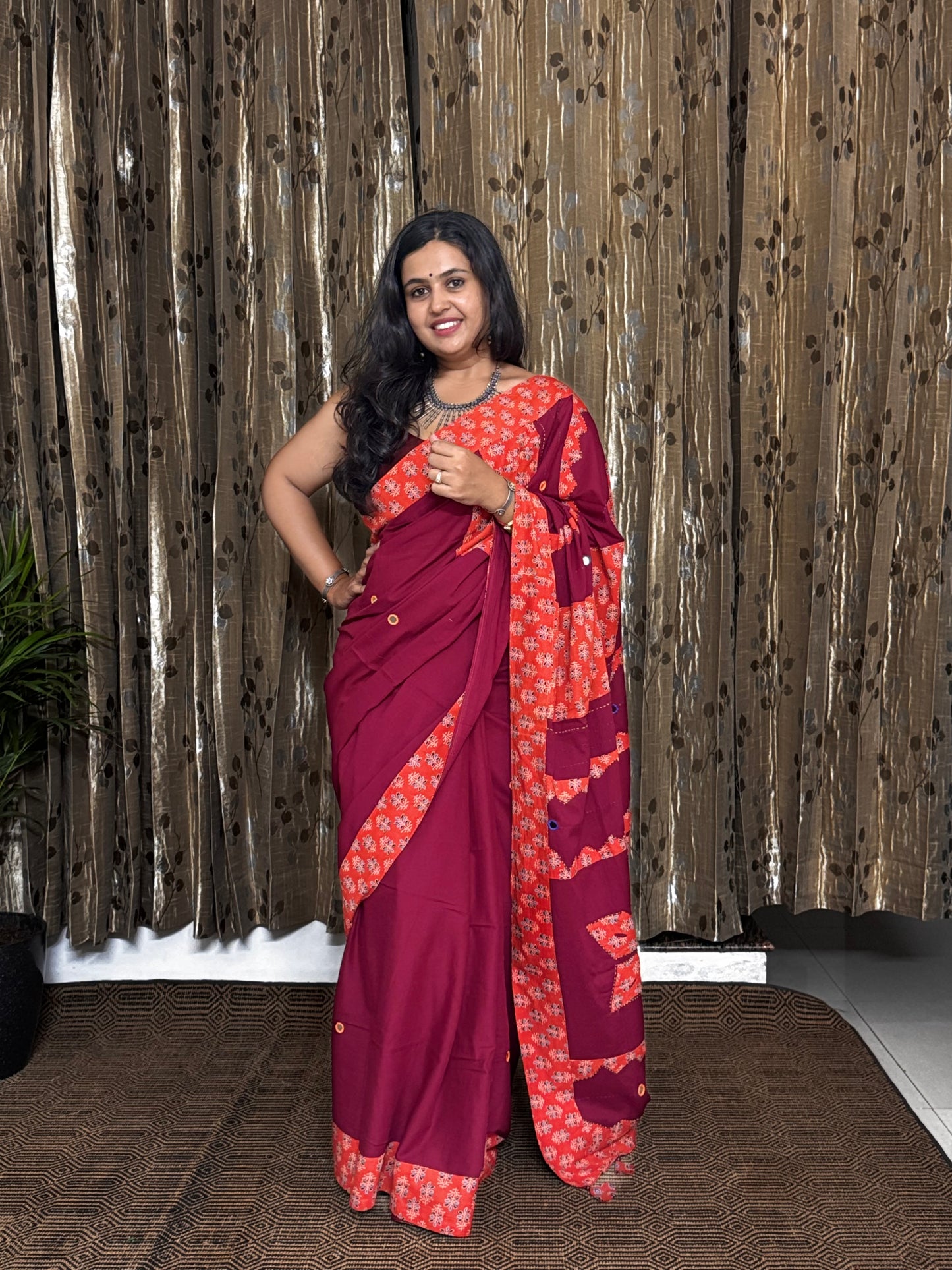 Red and Orange Applique Patchwork Mul Cotton Tagai Ajrakh Saree