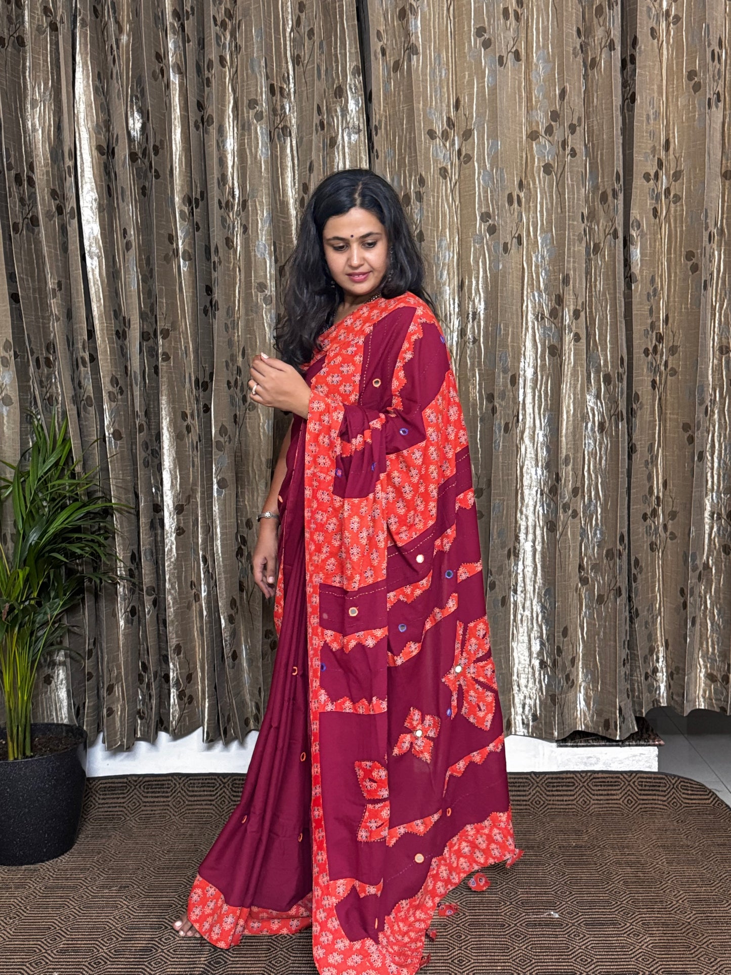Red and Orange Applique Patchwork Mul Cotton Tagai Ajrakh Saree