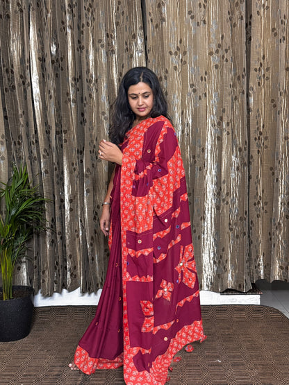 Red and Orange Applique Patchwork Mul Cotton Tagai Ajrakh Saree