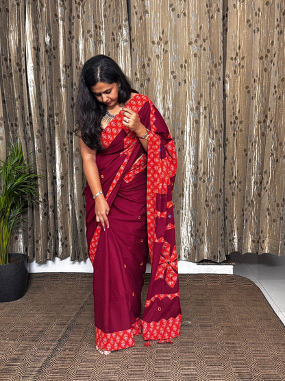 Red and Orange Applique Patchwork Mul Cotton Tagai Ajrakh Saree