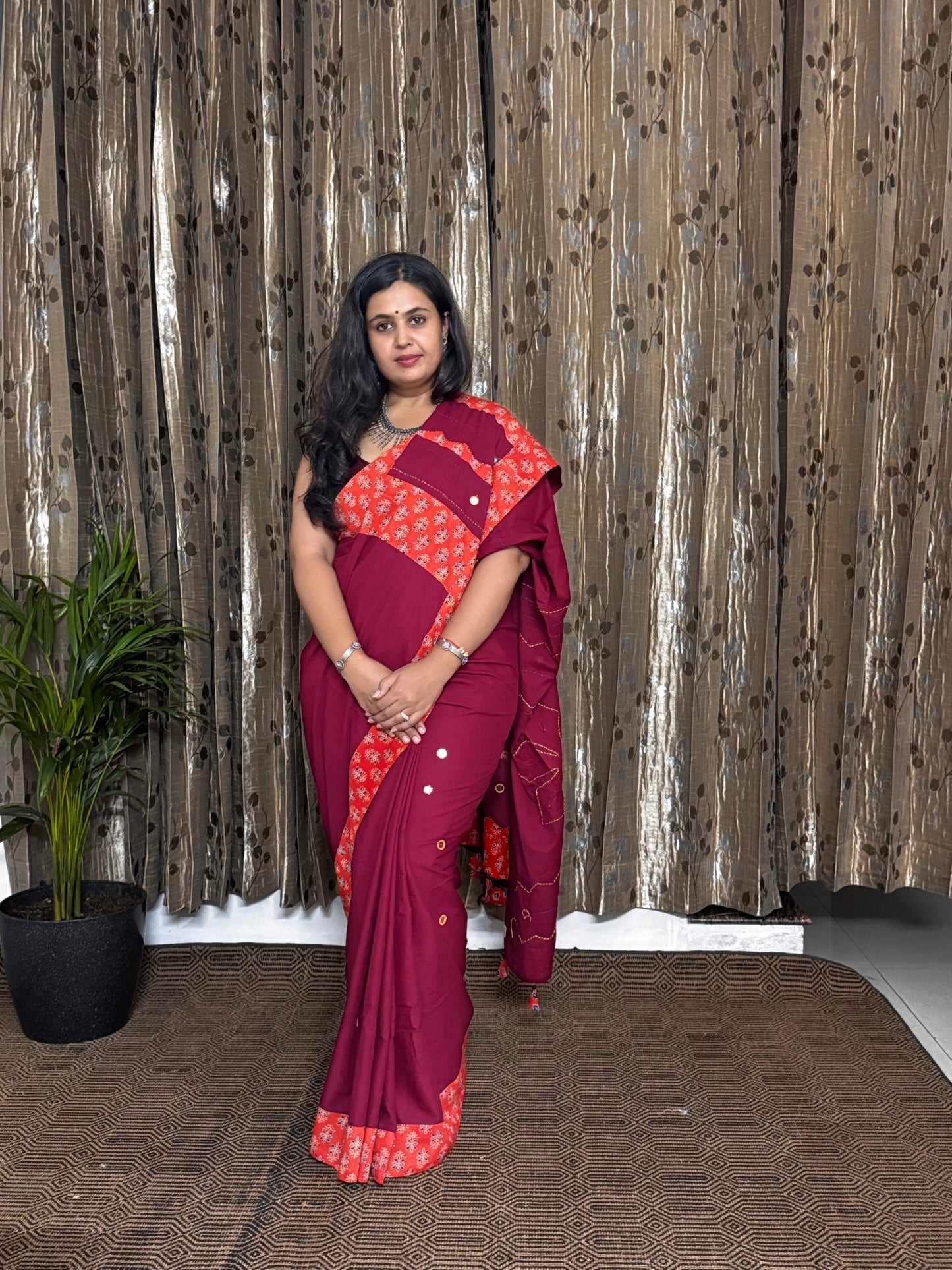 Red and Orange Applique Patchwork Mul Cotton Tagai Ajrakh Saree