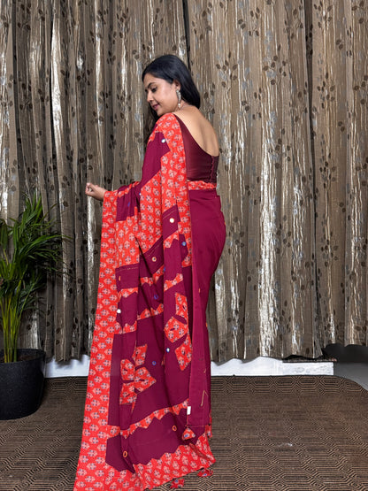 Red and Orange Applique Patchwork Mul Cotton Tagai Ajrakh Saree