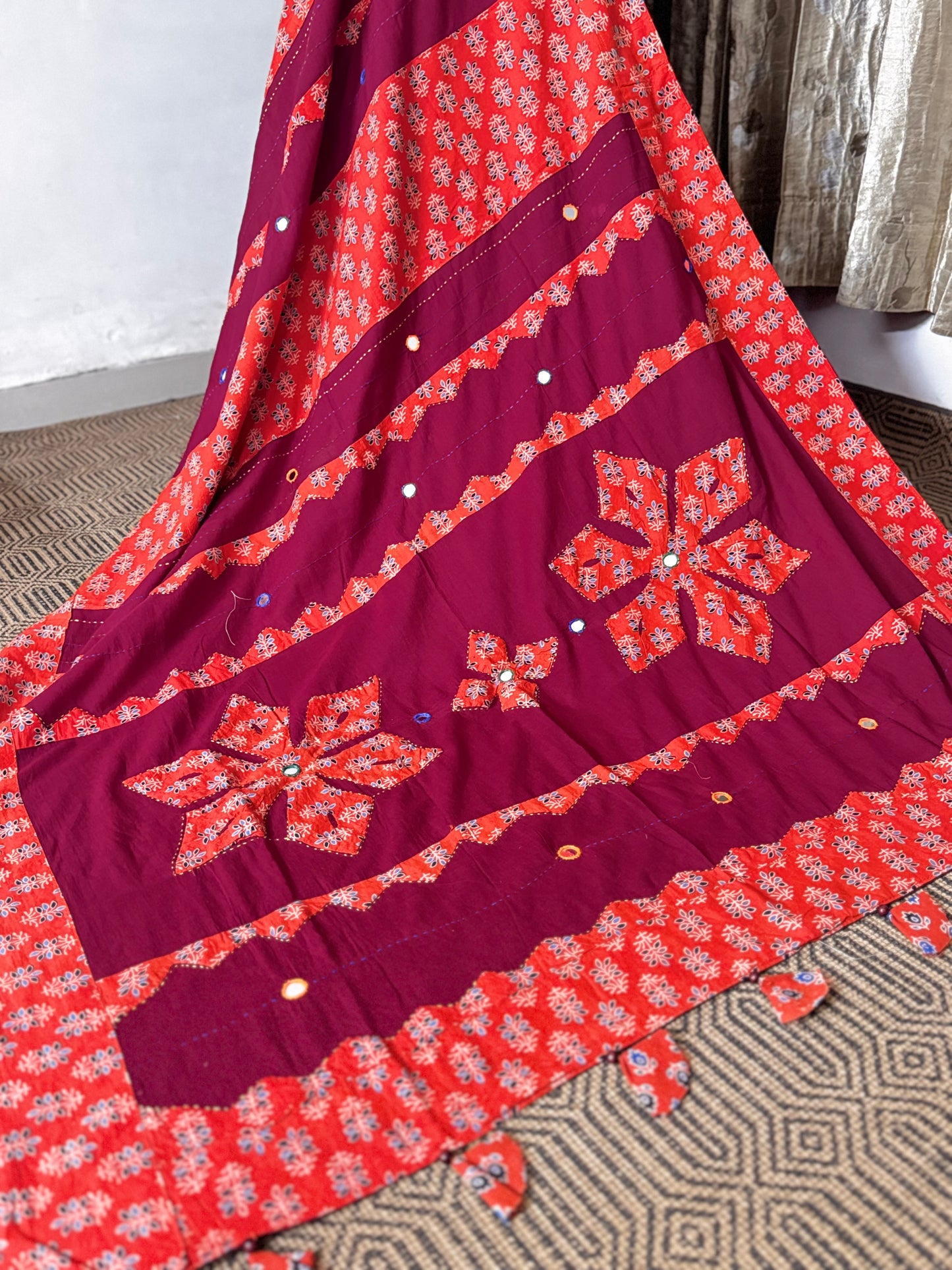 Red and Orange Applique Patchwork Mul Cotton Tagai Ajrakh Saree