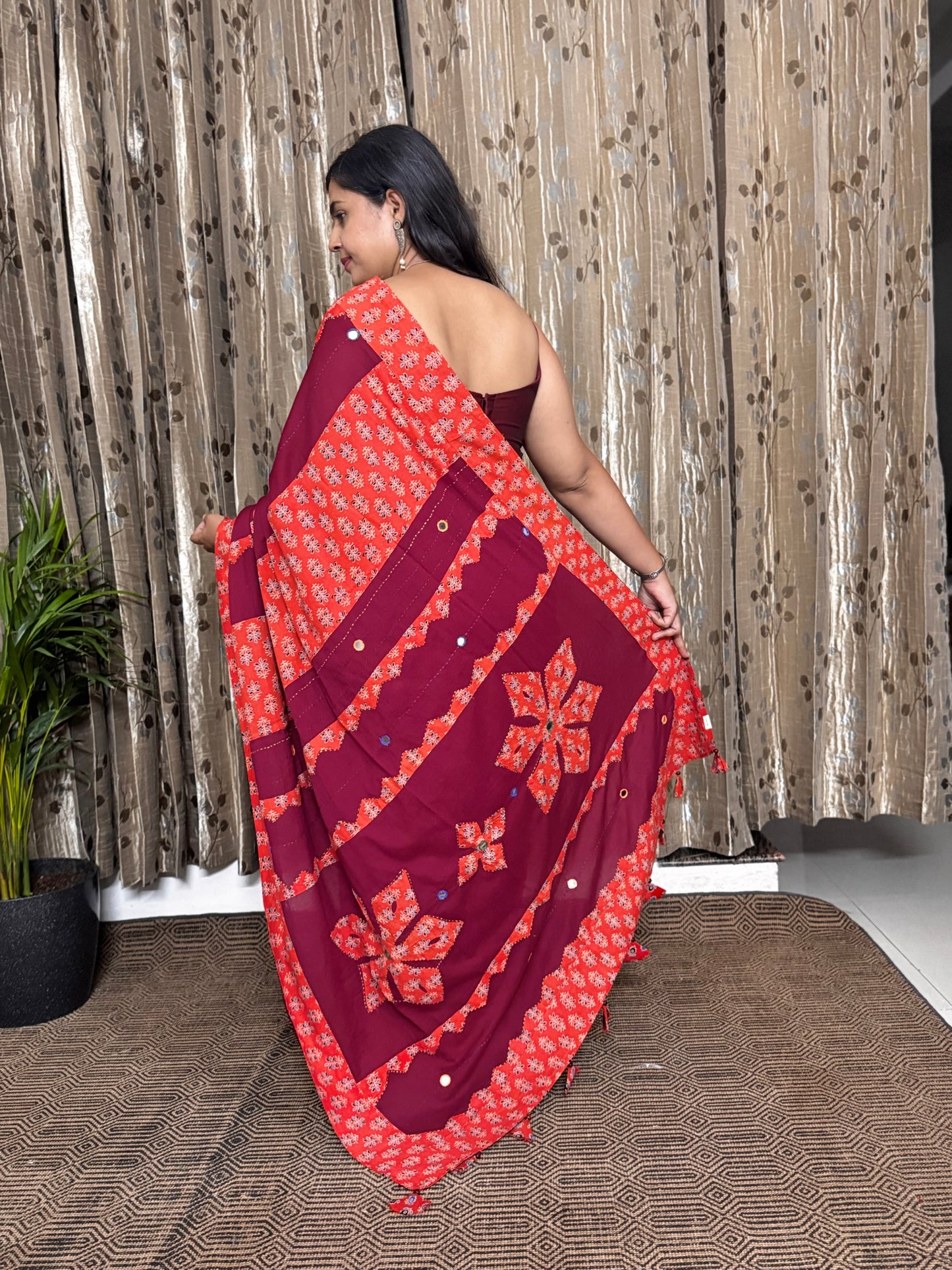 Red and Orange Applique Patchwork Mul Cotton Tagai Ajrakh Saree