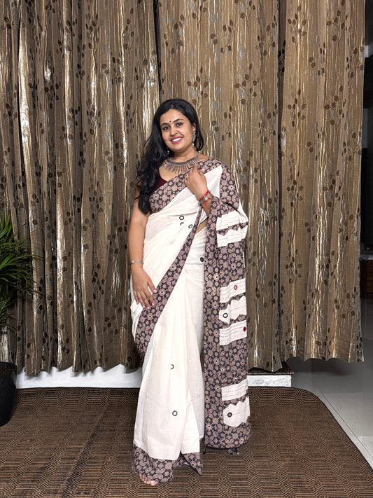 White Applique Patchwork Mul Cotton Tagai Ajrakh Saree